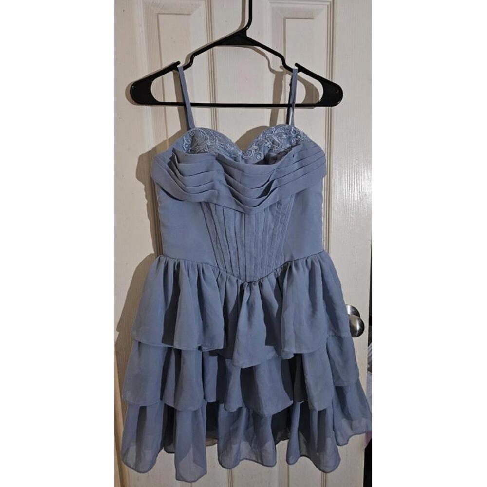 Tulle Mini Dress LAYERS COCKTAIL PROM slate blue Size 8 Lace corset bra